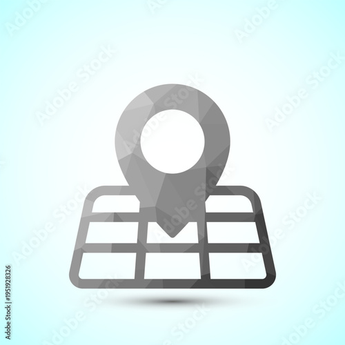 Map pin icon on map with geometric low poly design and grayscale shading