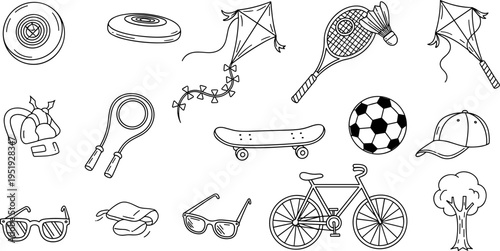 Collection of hand-drawn outdoor activity and sports equipment icons on a white background