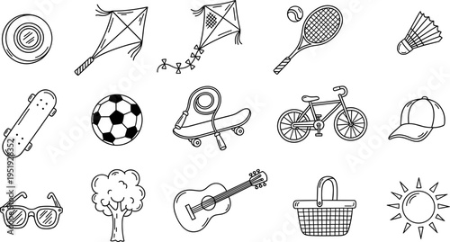 Collection of hand-drawn outdoor activity and leisure icons in a simple line art style