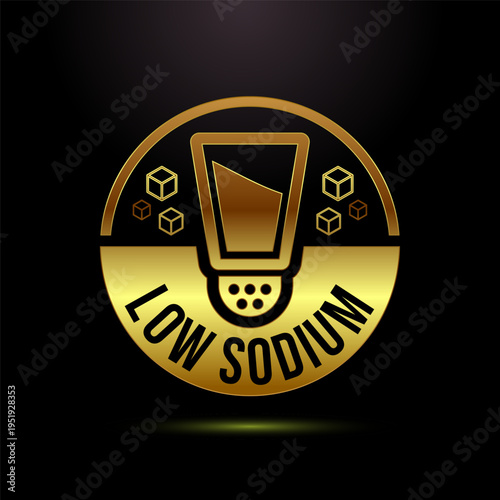 Low sodium label showing a salt shaker with salt cubes on gold circular background