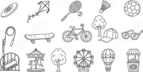 Collection of hand-drawn icons representing outdoor activities and amusement park fun