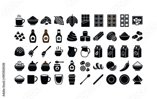 Hot cocoa and rich chocolate drink bar items including hot chocolate mug, cocoa powder bowl, cocoa beans pile, cocoa pod whole,