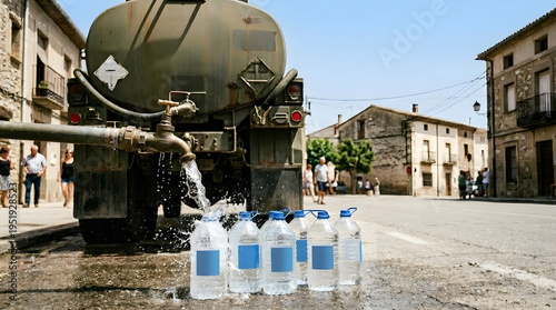 Water Rationing Emergency. Tanker truck dispensing fresh water into plastic bottles on a town street, with pedestrians in the background, illustrating drought and emergency relief.
