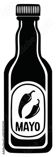 Black and white silhouette of a mayonnaise bottle with chili peppers on the label