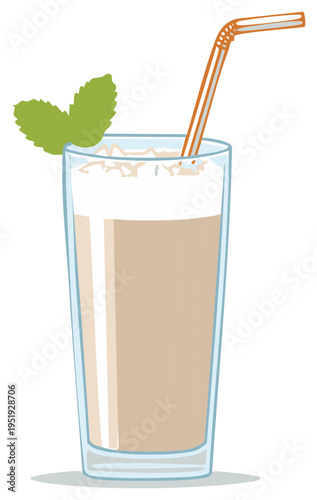Tall glass of creamy beverage with mint and striped straw