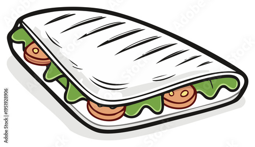 Delicious grilled panini sandwich with fresh lettuce and tomato slices, cartoon illustration