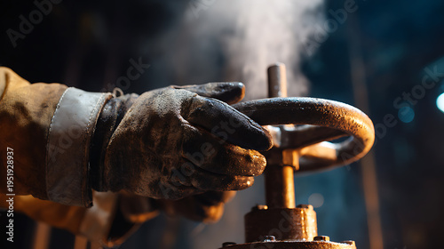 Industrial worker hand in protective glove turn valve with steam release. Focus on safety, machine operation, dark background, warm light