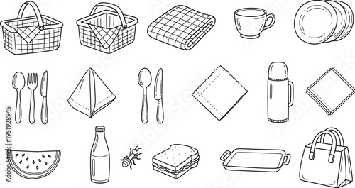 Hand-drawn picnic essentials collection with baskets, food, and utensils