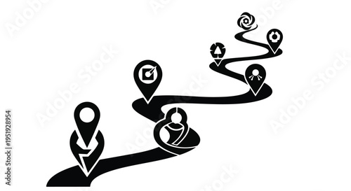 Black and white illustration of people icons on a winding path with location markers and symbols for travel navigation and journey concept