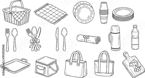 Collection of picnic essentials and outdoor dining items in a charming hand-drawn style