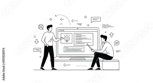 Vector illustration of two businessmen working on a large computer, line art style