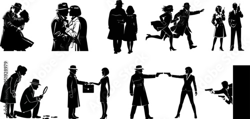 Dynamic silhouettes of people in action, including running, aiming guns, and detective work