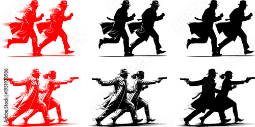 Vibrant red and monochrome silhouettes of figures in motion, running and aiming firearms