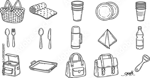 Collection of hand-drawn picnic essentials and outdoor dining items in a simple line art style