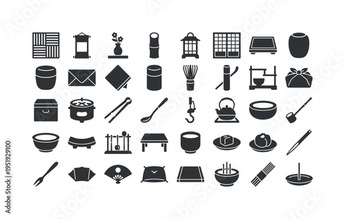 Japanese tea ceremony preparation items featuring tatami mat panel, tea ceremony scroll frame, flower vase tokonoma, bamboo flower