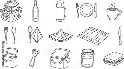 Collection of picnic and outdoor dining essentials in a charming hand-drawn doodle style