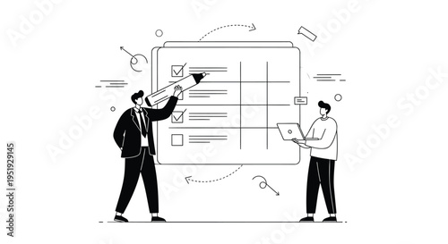 Vector illustration of two businessmen analyzing a large chart or graph