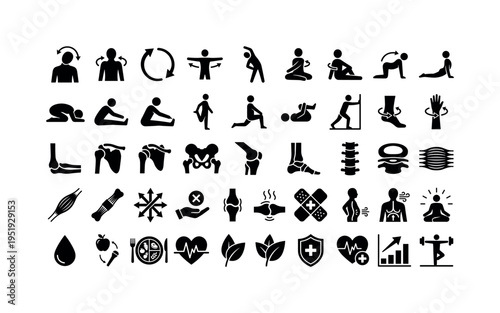 Joint mobility and flexibility concept symbols showing neck stretch motion, shoulder rotation exercise, arm circle motion, chest