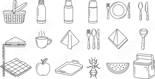 Collection of picnic essentials and food items in a simple line art style