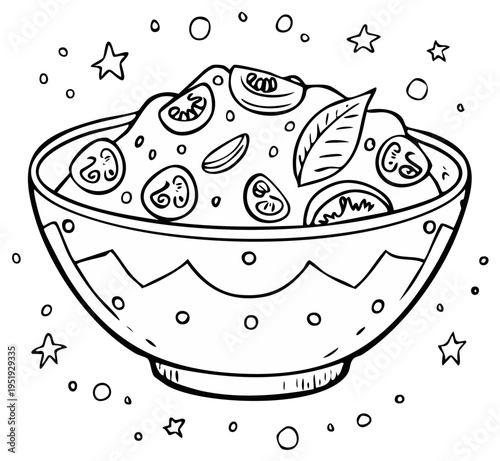 Bowl of fresh salad with tomatoes and basil, line art illustration