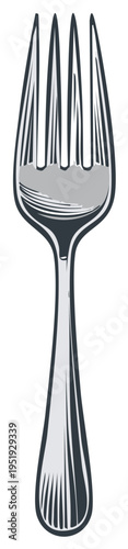 Elegant four-tined metal fork with a polished reflective surface in a classic drawing style