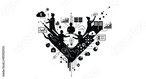 Black silhouette illustration of diverse business people team working together collaboratively with creative ideas and innovative solutions in modern digital workspace