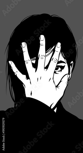 Woman covering face with hand partially.