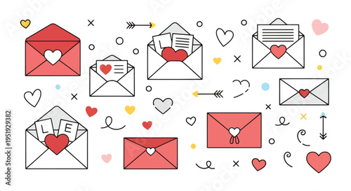 Envelopes decorated with hearts carry messages of love representing affection and romantic communication for celebrations and heartfelt gestures for expressing warm feelings on special occasions