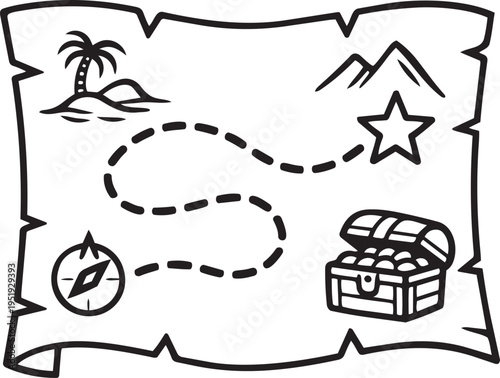 A treasure map with a compass and a star