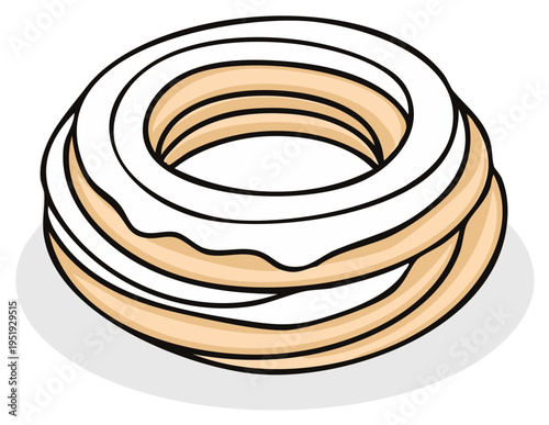 Illustration of a creamy white iced ring pastry with stacked layers and a hint of shadow