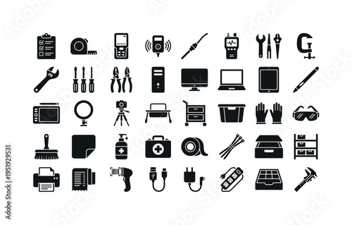 Machine inspection accessories featuring inspection checklist sheet, measuring tape tool, laser distance meter, vibration sensor