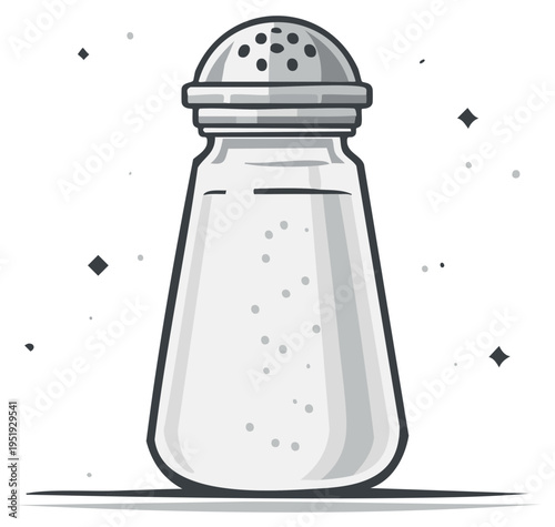 Simple gray illustration of a salt shaker with salt granules and perforated lid, culinary, flavoring