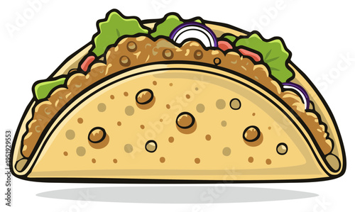 Illustration of a delicious taco with meat filling, lettuce, tomatoes, and onion in a crispy tortilla shell