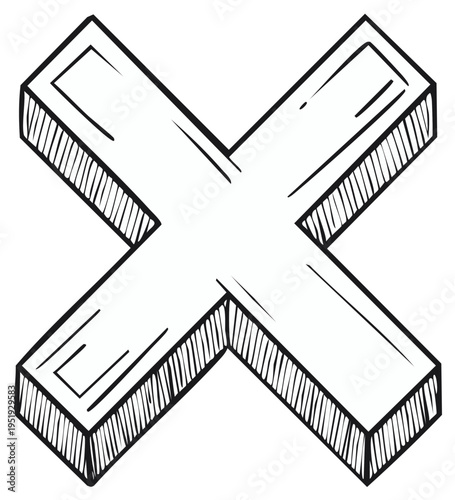 Doodle style symbol for multiplication or incorrect choice in three dimensional perspective