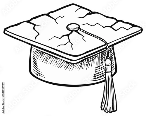 A hand drawn cracked graduation cap representing student debt or a flawed education system