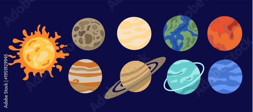 
Educational collection of solar system planets and sun on dark background. Space elements for kids science projects, astronomy posters, and nursery wall art.
