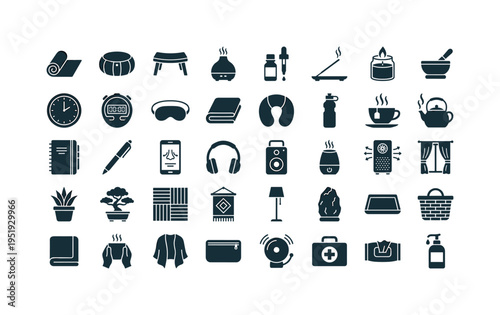 Mindful breathing practice tools including yoga mat pad, meditation cushion round, floor meditation bench, aromatherapy diffuser