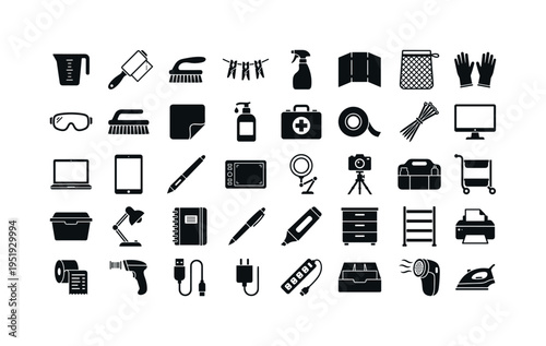 Mini-laundry accessories featuring detergent measuring cup, lint roller, stain brush, drying clips, ironing spray bottle, folding