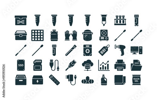 Molecular testing preparation accessories featuring DNA extraction kit box, lysis buffer tube, binding buffer tube, wash buffer