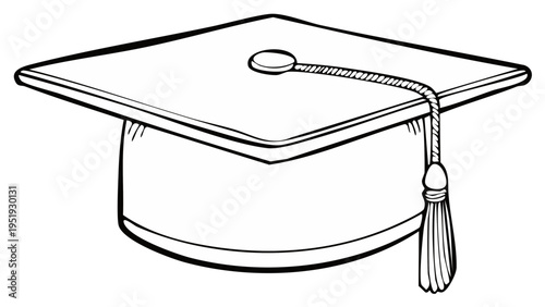 Black and white line art illustration of a graduation mortarboard cap with a tassel for academic achievement