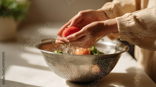 Wallpaper Mural Hands wash fresh ripe red strawberry under running water over a metal colander, preparing healthy fruit for a nutritious meal or snack in a bright kitchen Torontodigital.ca