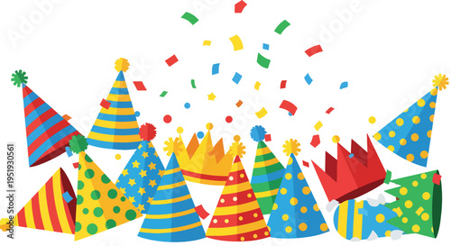 Celebration elements featuring party hats and colorful confetti perfect for a birthday party announcement or any festive event with joyous atmosphere offering great potential for design projects