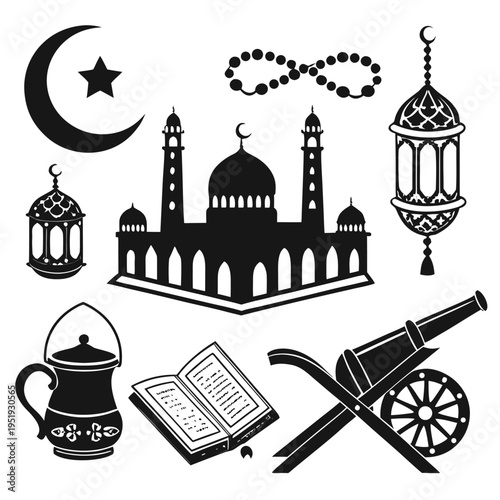 Set of 8 Ramadan icons vector, black and white