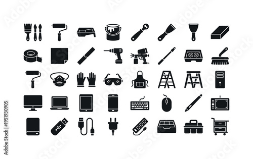 Painting and decorating tools including paintbrush set, roller brush, roller tray, paint bucket, paint can opener, putty knife,