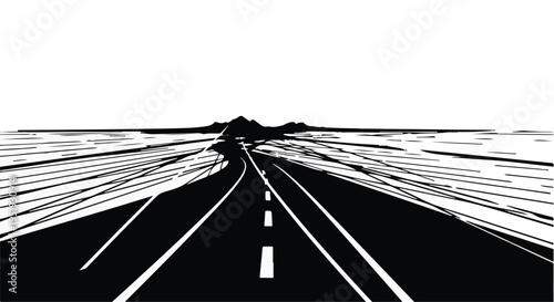 Speed motion blur road illustration, abstract highway perspective with dynamic white lines on black background, futuristic transportation concept
