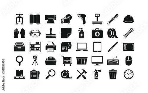 Palletizing accessories featuring pallet clamp tool, stretch film dispenser, shrink wrap machine, label applicator device, barcode