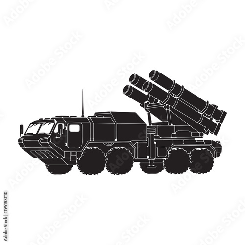Black fill vector of a modern military missile transporter with launcher system, used in warfare or defense design concepts.
