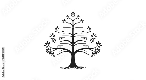 Family tree with house icons on branches, symbolizing home and family relationships in a simple black and white illustration