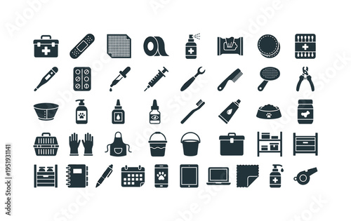 Pet first aid kit supplies including pet first aid kit box, adhesive bandage strip, sterile gauze pad, medical tape roll,