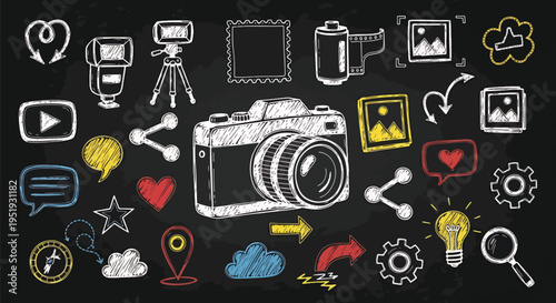 Creative Sketch Collection Capturing Moments and Expressing Ideas Through Photography and Digital Sharing with a Blend of Artistic Designs Symbols and Equipment Drawings on a Dark Surface